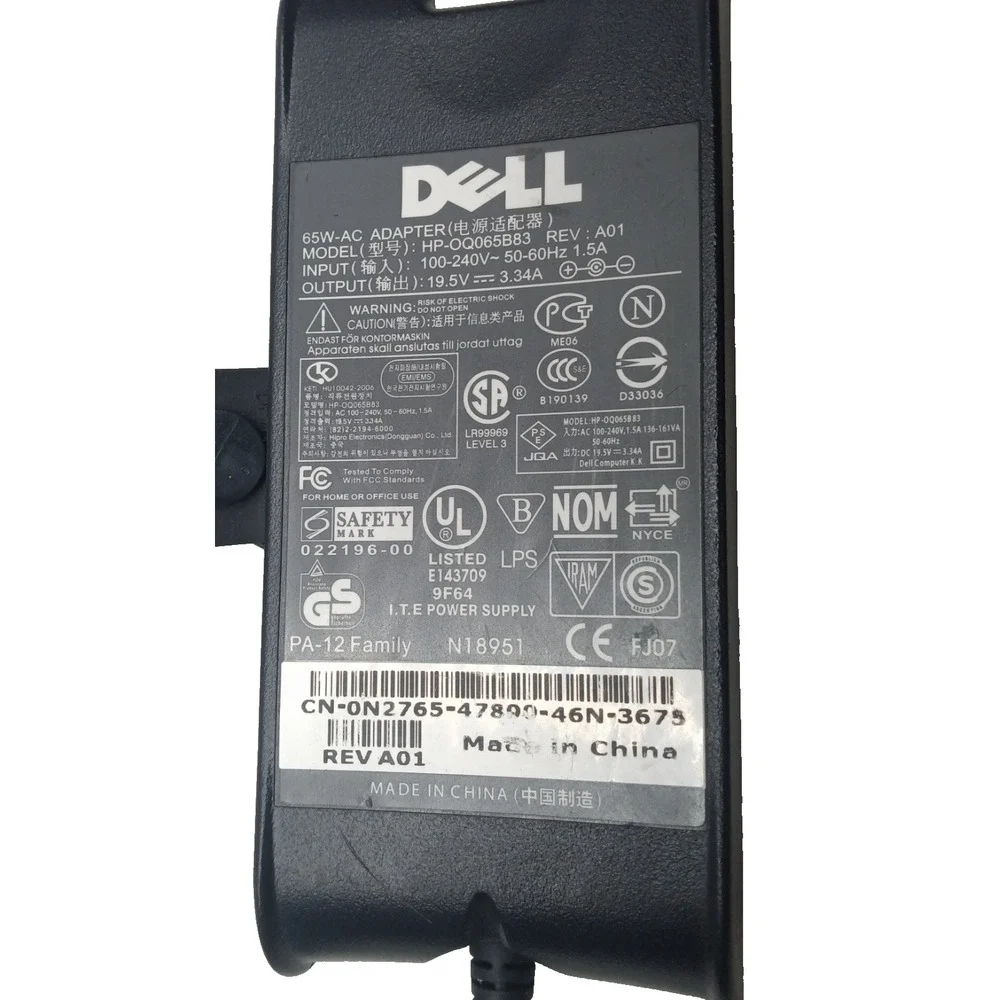 Genuine Dell Laptop Charger‎ AC Adapter Power Supply HP-OQ065B83 19.5V 3.34A 65W